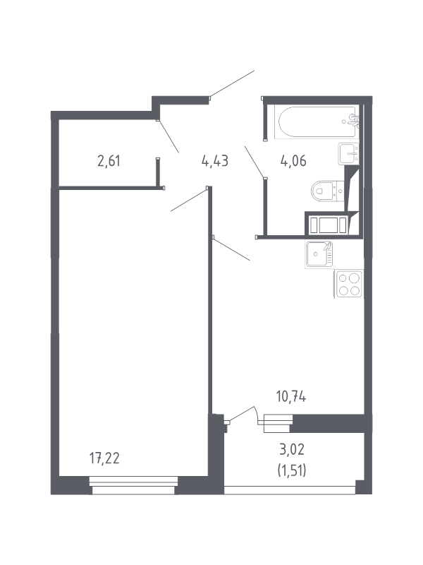 1-комнатная квартира, 40.57 м² в ЖК "Сандэй" - планировка, фото №1