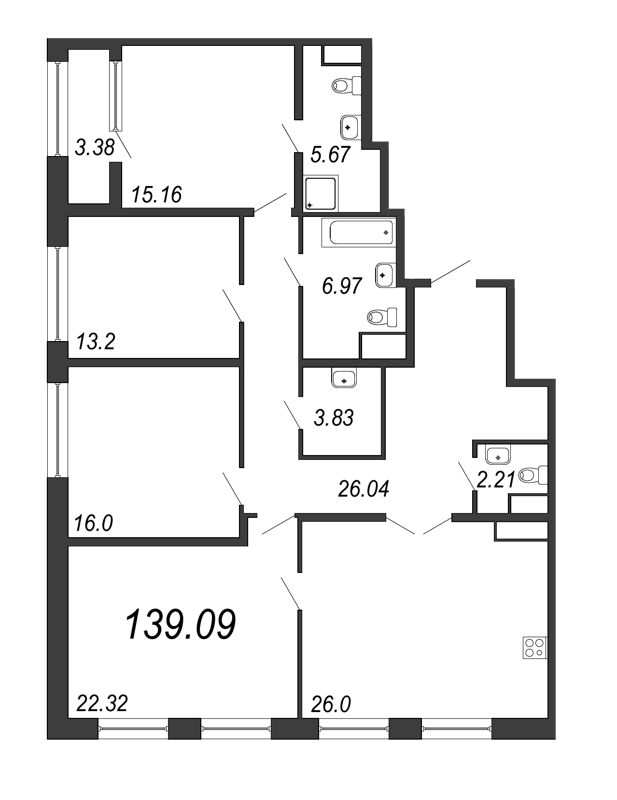 5-комнатная (Евро) квартира, 139.09 м² - планировка, фото №1