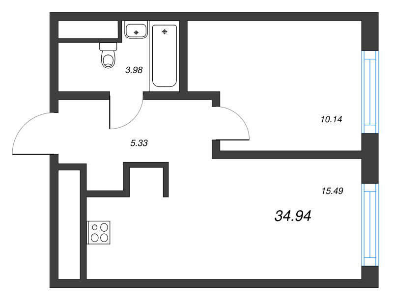 2-комнатная (Евро) квартира, 34.94 м² - планировка, фото №1