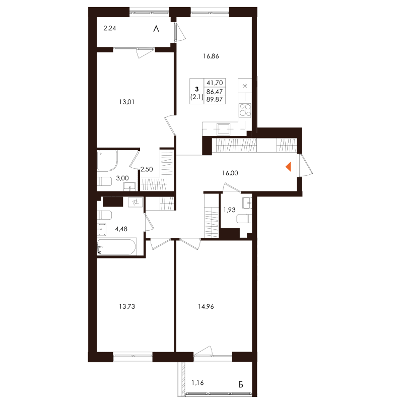 4-комнатная (Евро) квартира, 89.87 м² - планировка, фото №1