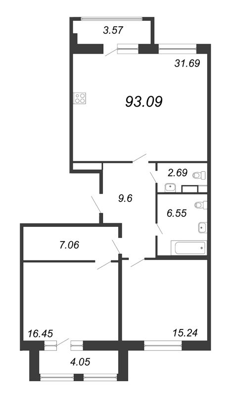 3-комнатная (Евро) квартира, 93.09 м² в ЖК "Modum" - планировка, фото №1