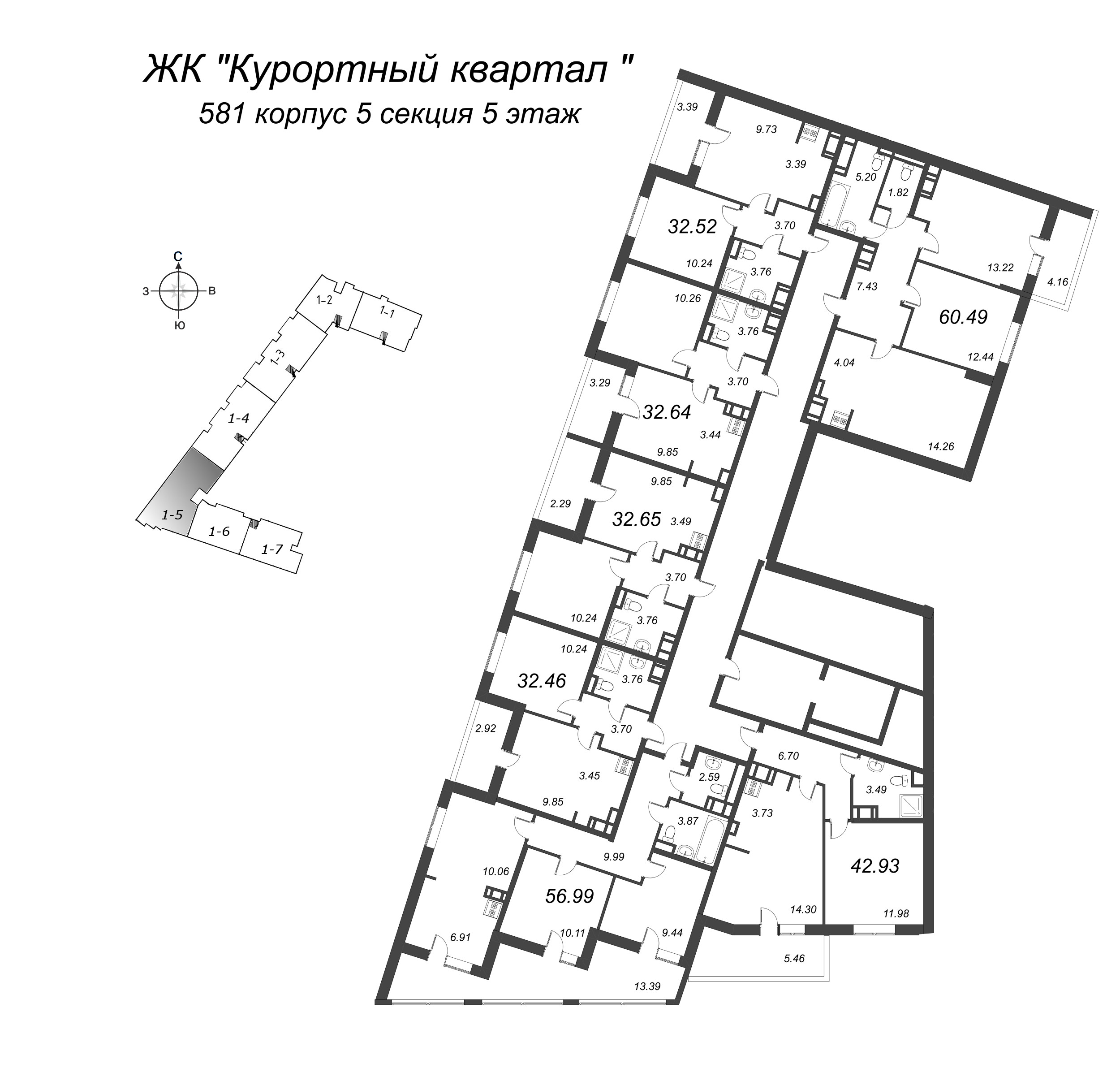 1-комнатная квартира, 32.65 м² в ЖК "Курортный Квартал" - планировка этажа