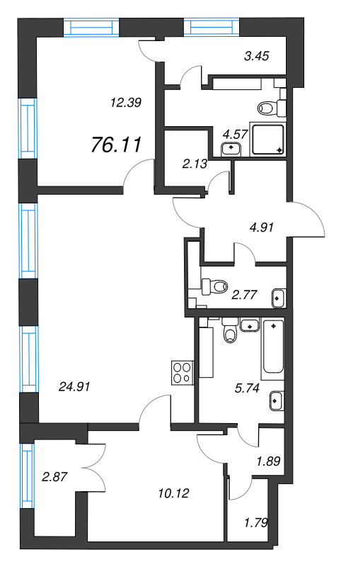 3-комнатная (Евро) квартира, 76.11 м² - планировка, фото №1