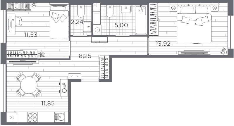 2-комнатная квартира, 52.79 м² - планировка, фото №1