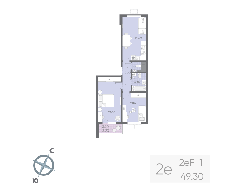 2-комнатная квартира, 49.3 м² в ЖК "Ручьи" - планировка, фото №1