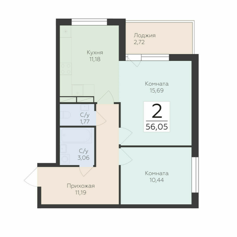 2-комнатная квартира, 56.05 м² в ЖК "Финский квартал" - планировка, фото №1