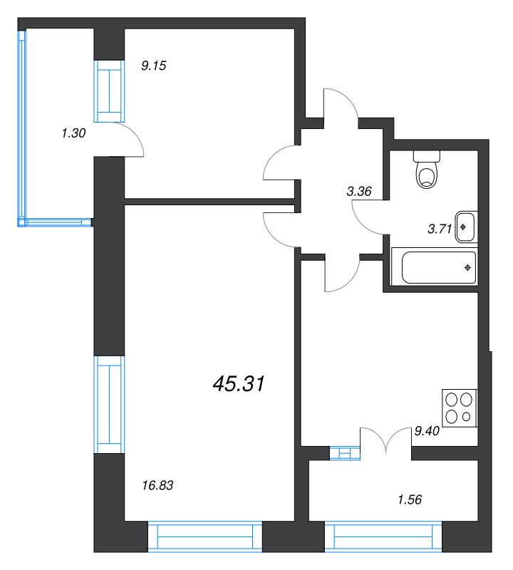 2-комнатная квартира, 45.31 м² в ЖК "Капральский берег" - планировка, фото №1