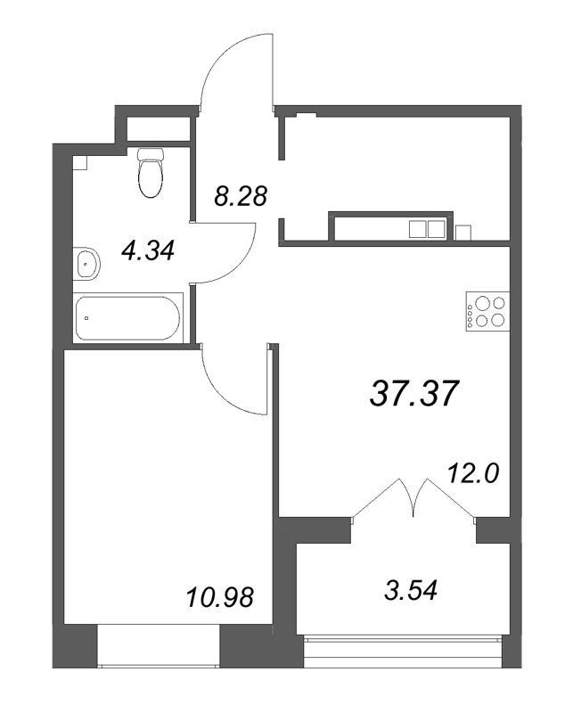 1-комнатная квартира, 37.37 м² - планировка, фото №1