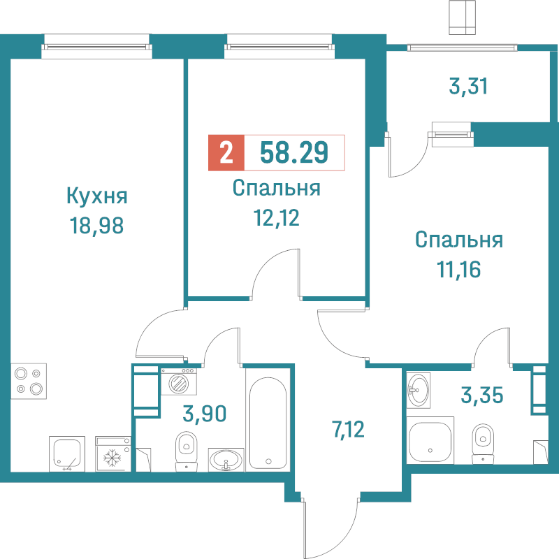 3-комнатная (Евро) квартира, 58.29 м² в ЖК "Графика" - планировка, фото №1