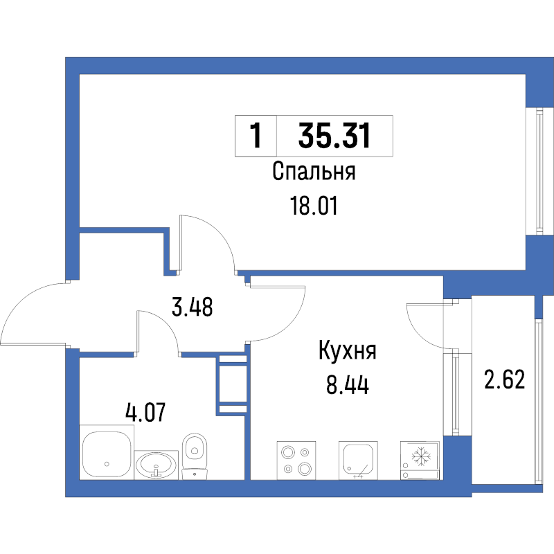 1-комнатная квартира, 35.31 м² в ЖК "Урбанист" - планировка, фото №1