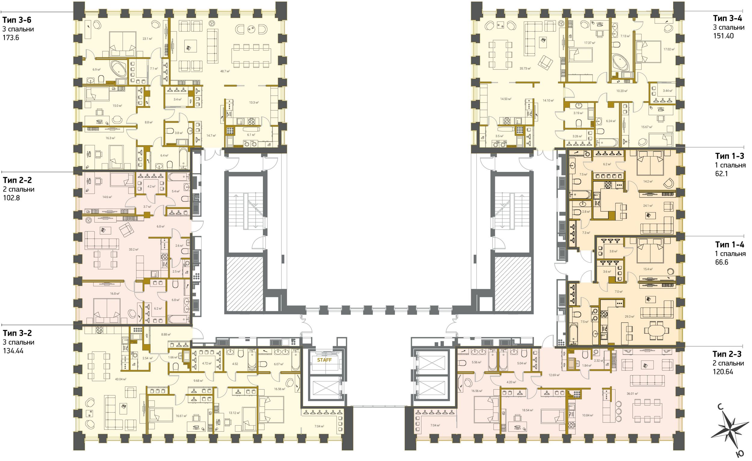 2-комнатная (Евро) квартира, 62.1 м² в ЖК "Legenda Premium Институтский, 16" - планировка этажа