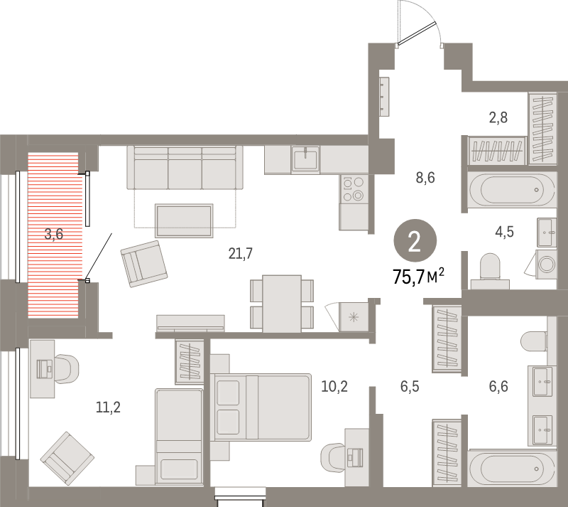 3-комнатная (Евро) квартира, 75.7 м² в ЖК "Северный ветер" - планировка, фото №1
