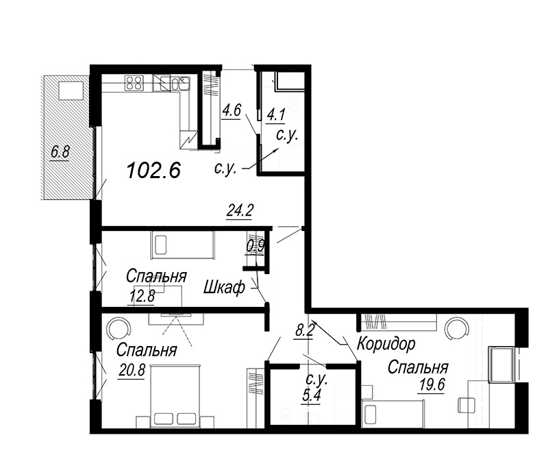 3-комнатная квартира, 99.74 м² - планировка, фото №1
