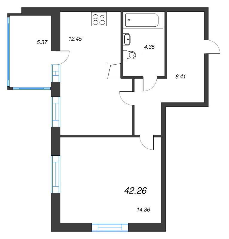 1-комнатная квартира, 41.6 м² - планировка, фото №1