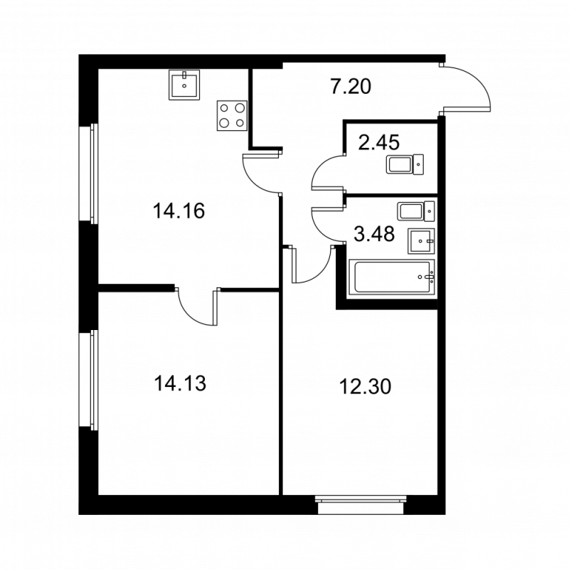 2-комнатная квартира, 53.72 м² - планировка, фото №1