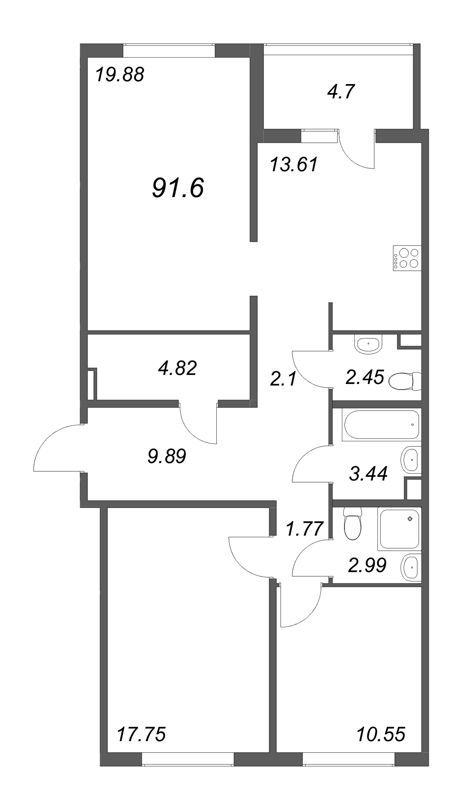 3-комнатная квартира, 91.6 м² - планировка, фото №1