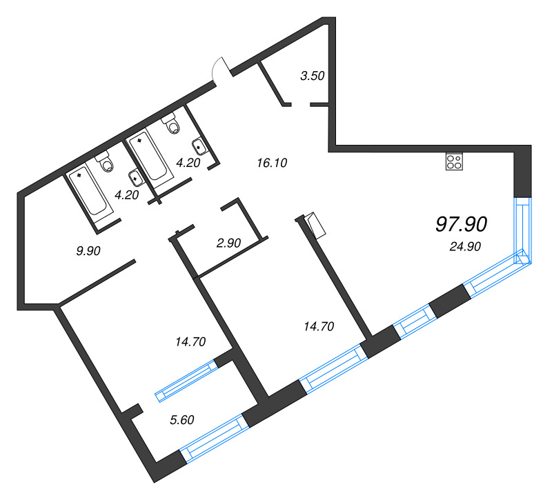 3-комнатная (Евро) квартира, 97.9 м² - планировка, фото №1