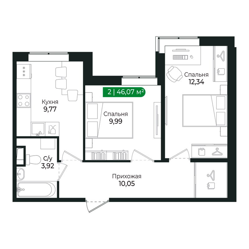 2-комнатная квартира, 46.2 м² в ЖК "Сертолово Парк" - планировка, фото №1