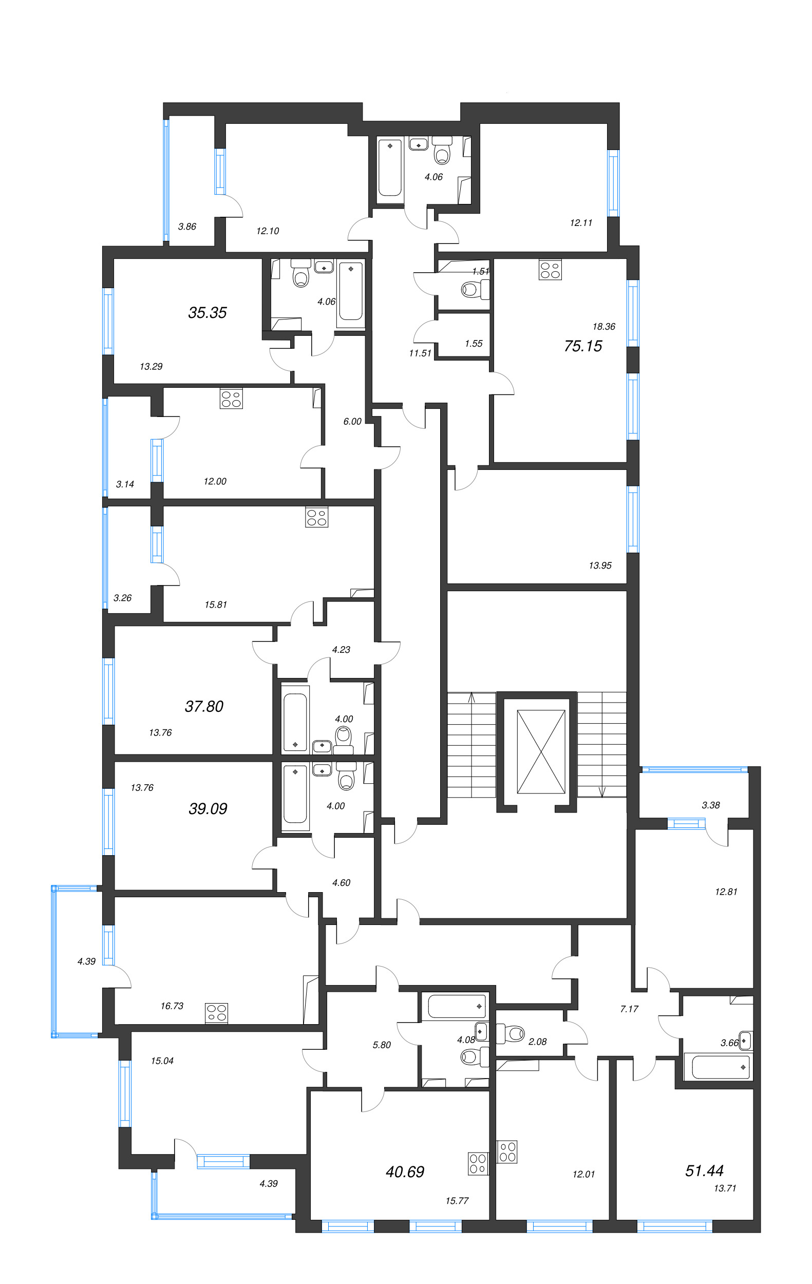 2-комнатная квартира, 51.44 м² в ЖК "Любоград" - планировка этажа