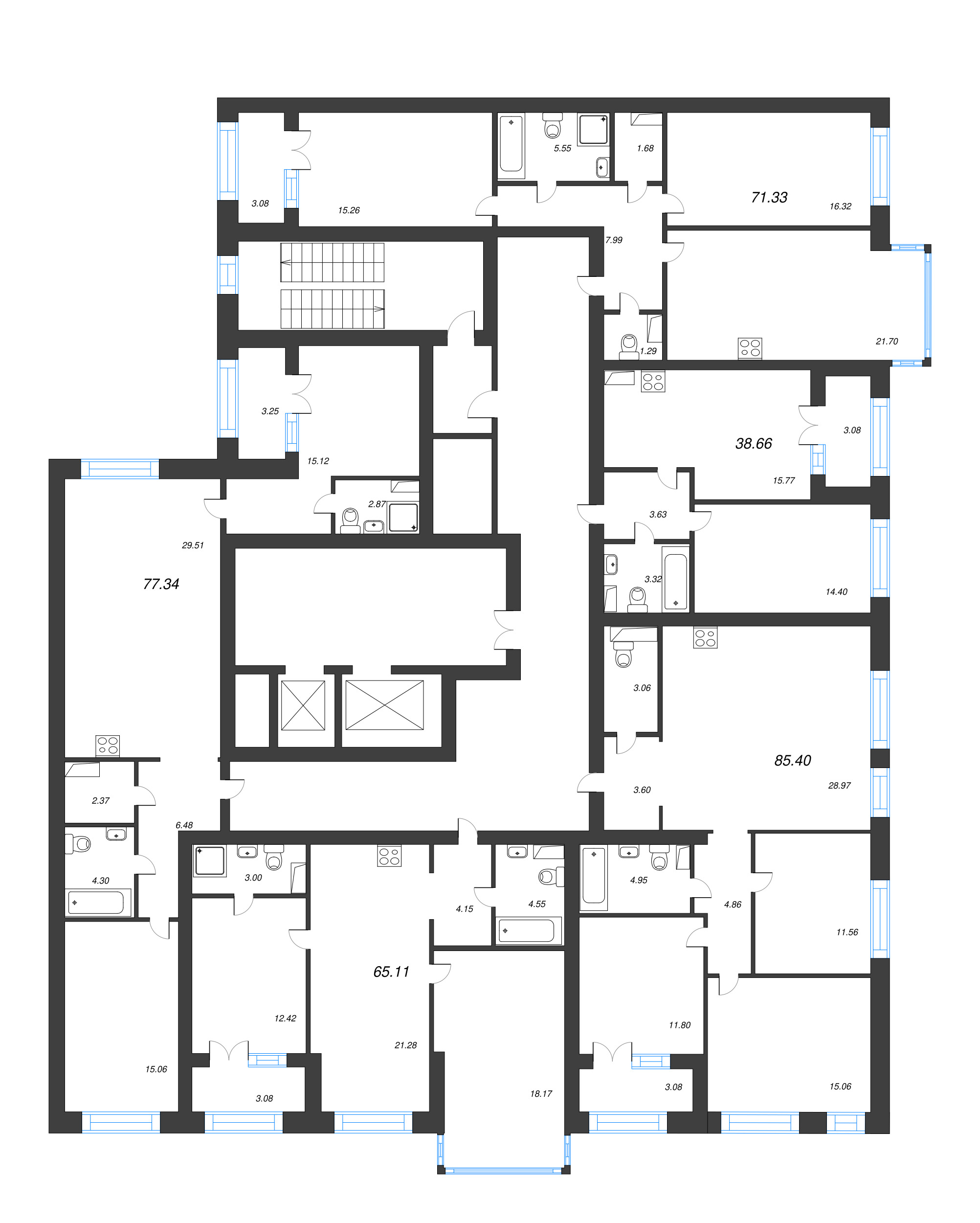 3-комнатная (Евро) квартира, 81.7 м² в ЖК "Наука" - планировка этажа