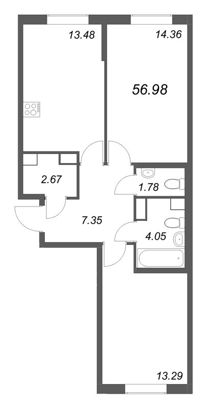 2-комнатная квартира, 56.98 м² в ЖК "Кинопарк" - планировка, фото №1