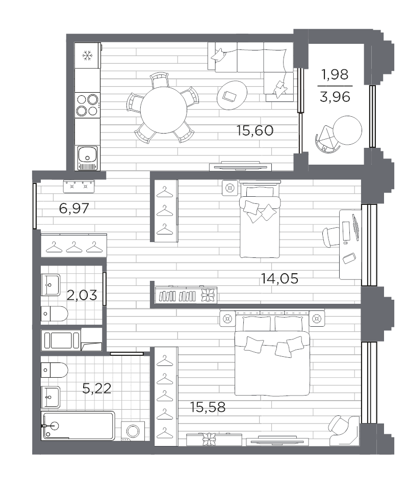 3-комнатная (Евро) квартира, 61.43 м² в ЖК "Ассамблея" - планировка, фото №1