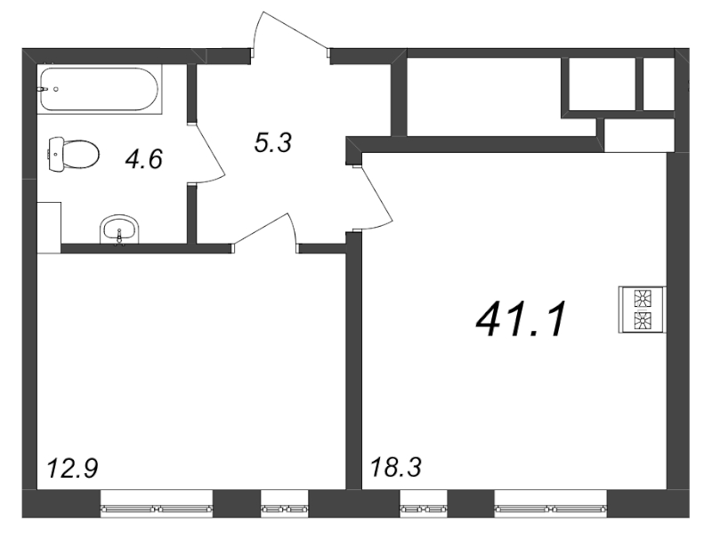 1-комнатная квартира, 41.1 м² в ЖК "Domino Premium" - планировка, фото №1
