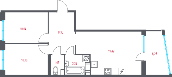 3-комнатная (Евро) квартира, 56.49 м² в ЖК "Город-спутник Южный" - планировка, фото №1