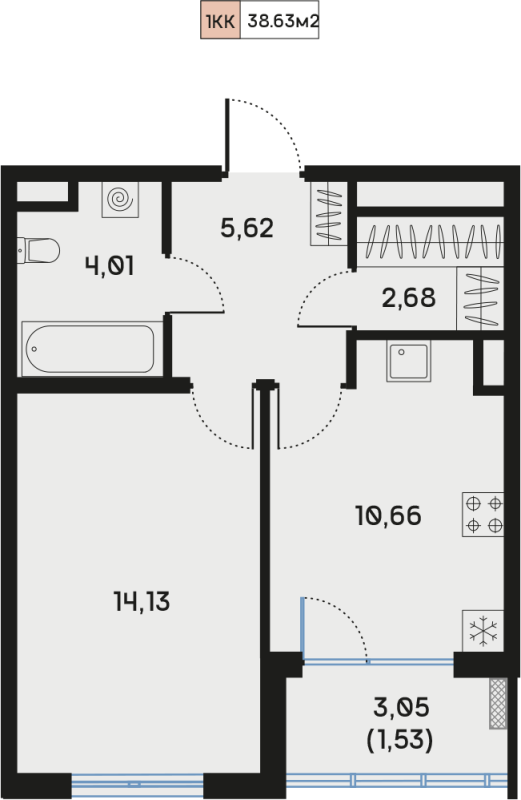 1-комнатная квартира, 39.29 м² - планировка, фото №1