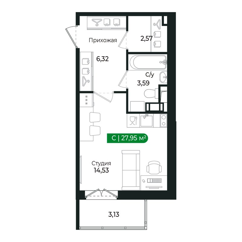 Квартира-студия, 26.9 м² в ЖК "Сертолово Парк" - планировка, фото №1