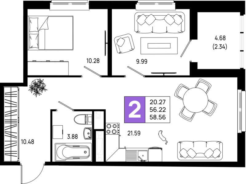 3-комнатная (Евро) квартира, 58.56 м² в ЖК "Имена" - планировка, фото №1