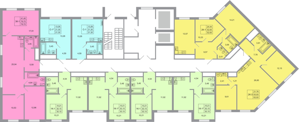 3-комнатная (Евро) квартира, 63.93 м² - планировка этажа