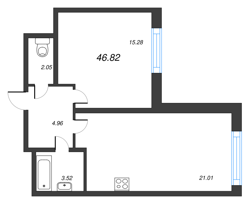2-комнатная (Евро) квартира, 46.82 м² - планировка, фото №1