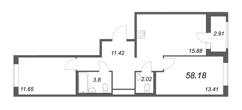 3-комнатная (Евро) квартира, 61.09 м² в ЖК "Мурино Space" - планировка, фото №1