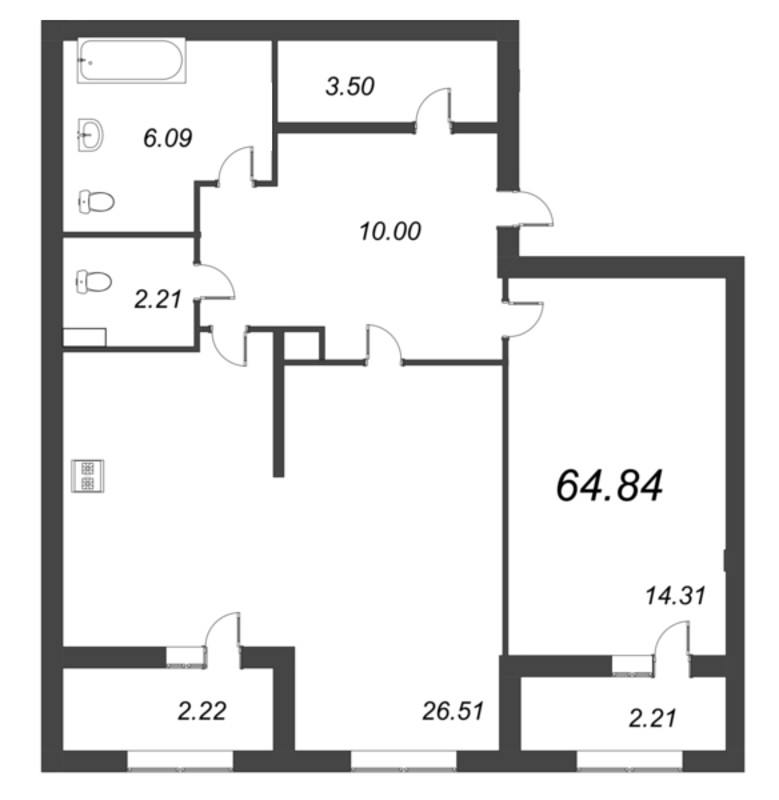 2-комнатная (Евро) квартира, 64.84 м² в ЖК "БелАрт" - планировка, фото №1
