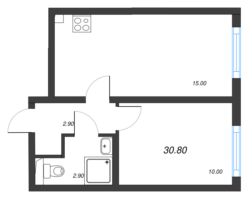 2-комнатная (Евро) квартира, 30.8 м² в ЖК "Ручьи" - планировка, фото №1