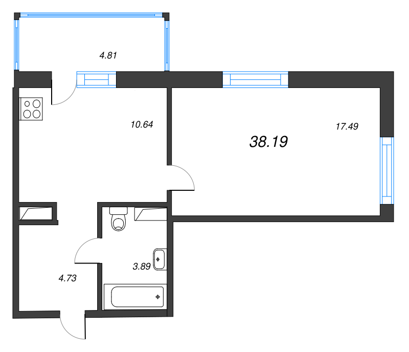 1-комнатная квартира, 41.56 м² - планировка, фото №1