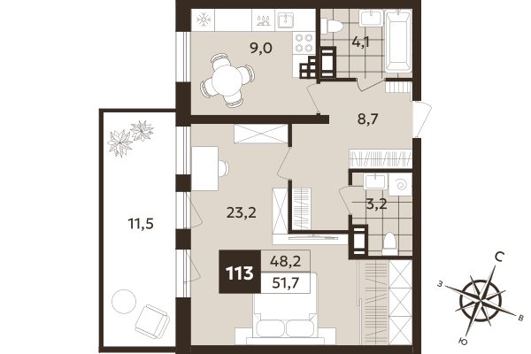 1-комнатная квартира, 48.2 м² в ЖК "Дом на Бронницкой" - планировка, фото №1