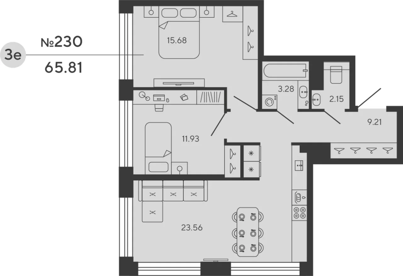 3-комнатная (Евро) квартира, 65.81 м² в ЖК "Bashni Element" - планировка, фото №1