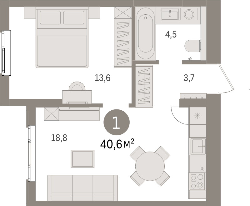 2-комнатная (Евро) квартира, 40.6 м² в ЖК "Брусника в Новоселье" - планировка, фото №1