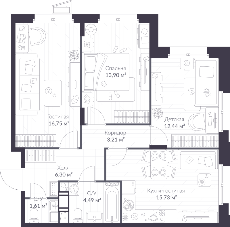 4-комнатная (Евро) квартира, 74.43 м² - планировка, фото №1