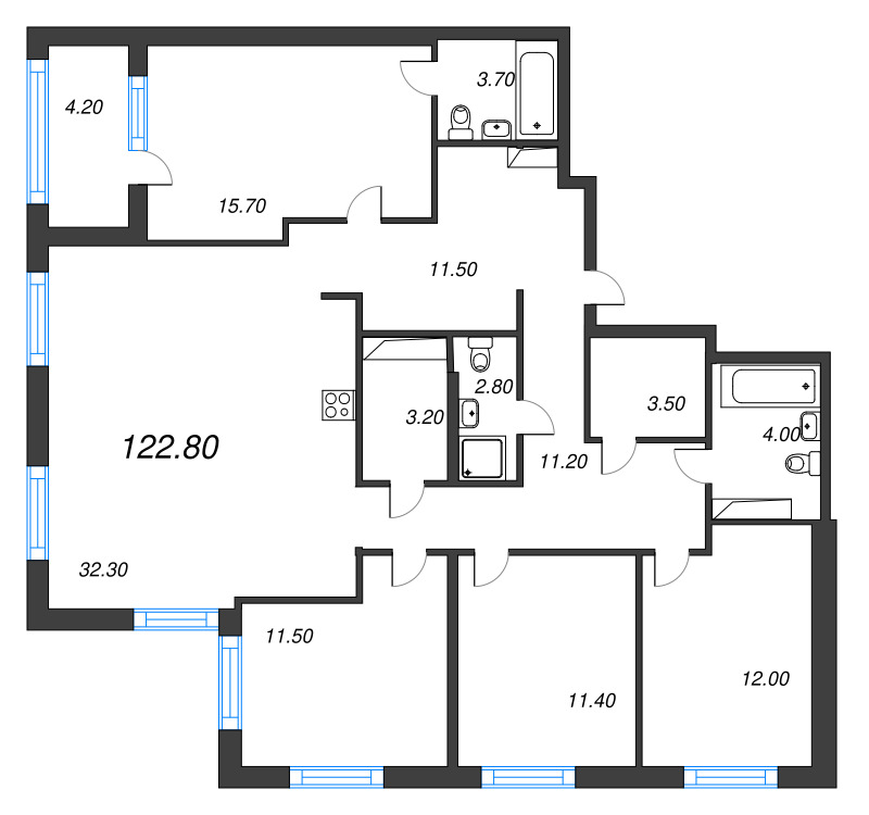 5-комнатная (Евро) квартира, 122.8 м² в ЖК "Струны" - планировка, фото №1