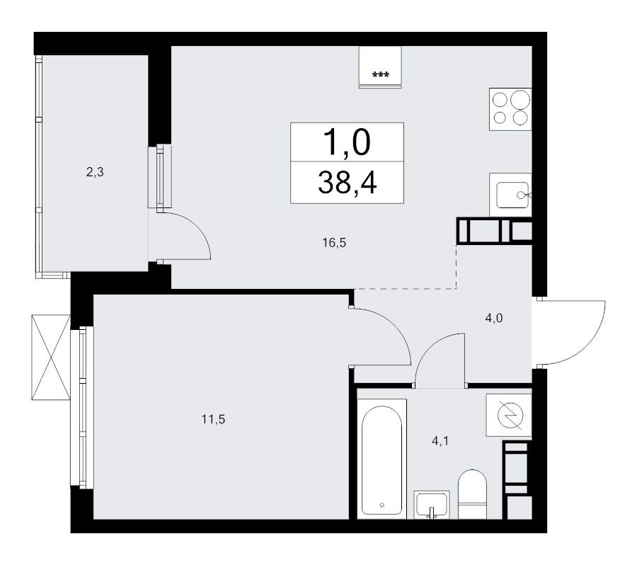 2-комнатная (Евро) квартира, 38.4 м² в ЖК "А101 Лаголово" - планировка, фото №1