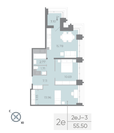 2-комнатная (Евро) квартира, 55.5 м² - планировка, фото №1