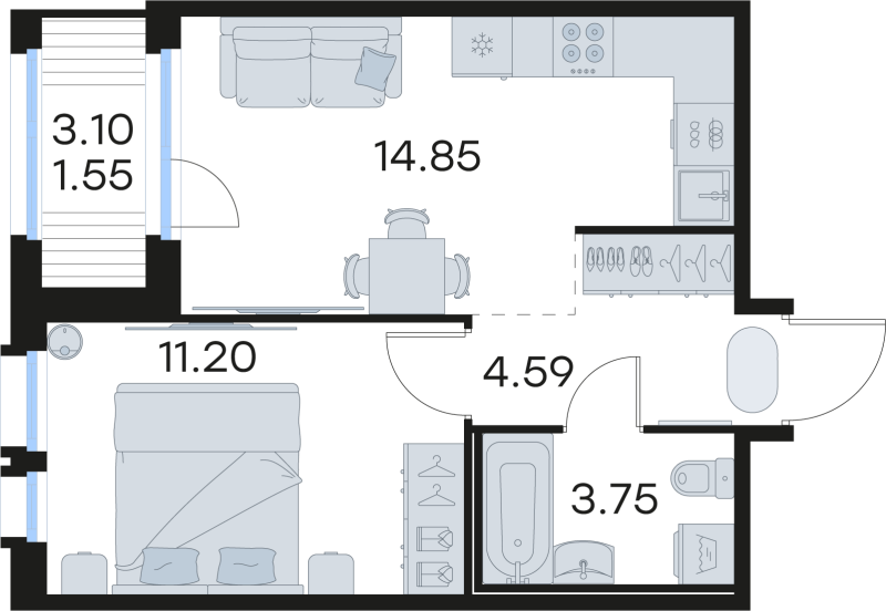 1-комнатная квартира, 36.1 м² в ЖК "Парголово" - планировка, фото №1