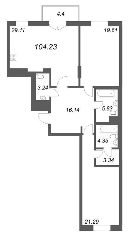 3-комнатная (Евро) квартира, 104.23 м² в ЖК "Фонтанка 130" - планировка, фото №1