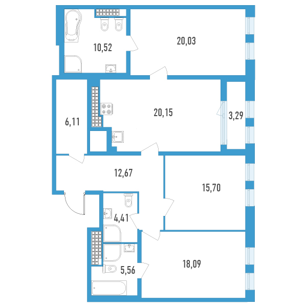 3-комнатная квартира, 116.89 м² - планировка, фото №1