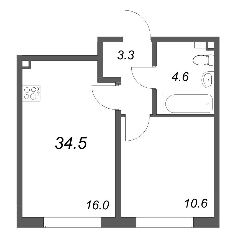2-комнатная (Евро) квартира, 34.5 м² в ЖК "Пулково Lake" - планировка, фото №1