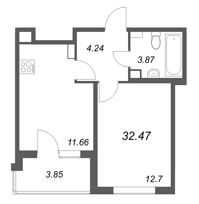 1-комнатная квартира, 32.47 м² в ЖК "Любоград" - планировка, фото №1