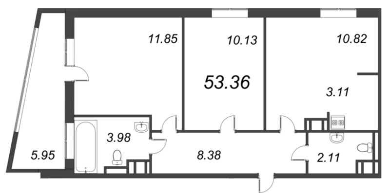 2-комнатная квартира, 53.36 м² - планировка, фото №1